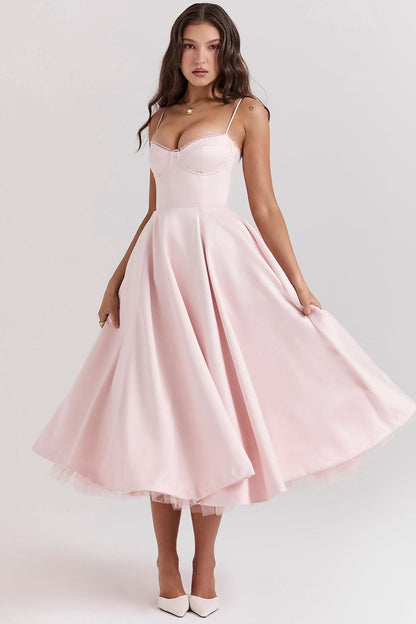 Blush midi dress with sweetheart bodice and ruffled tulle hem