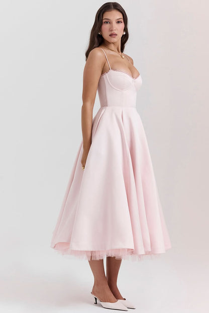 Pink midi dress with sweetheart neckline and side pockets