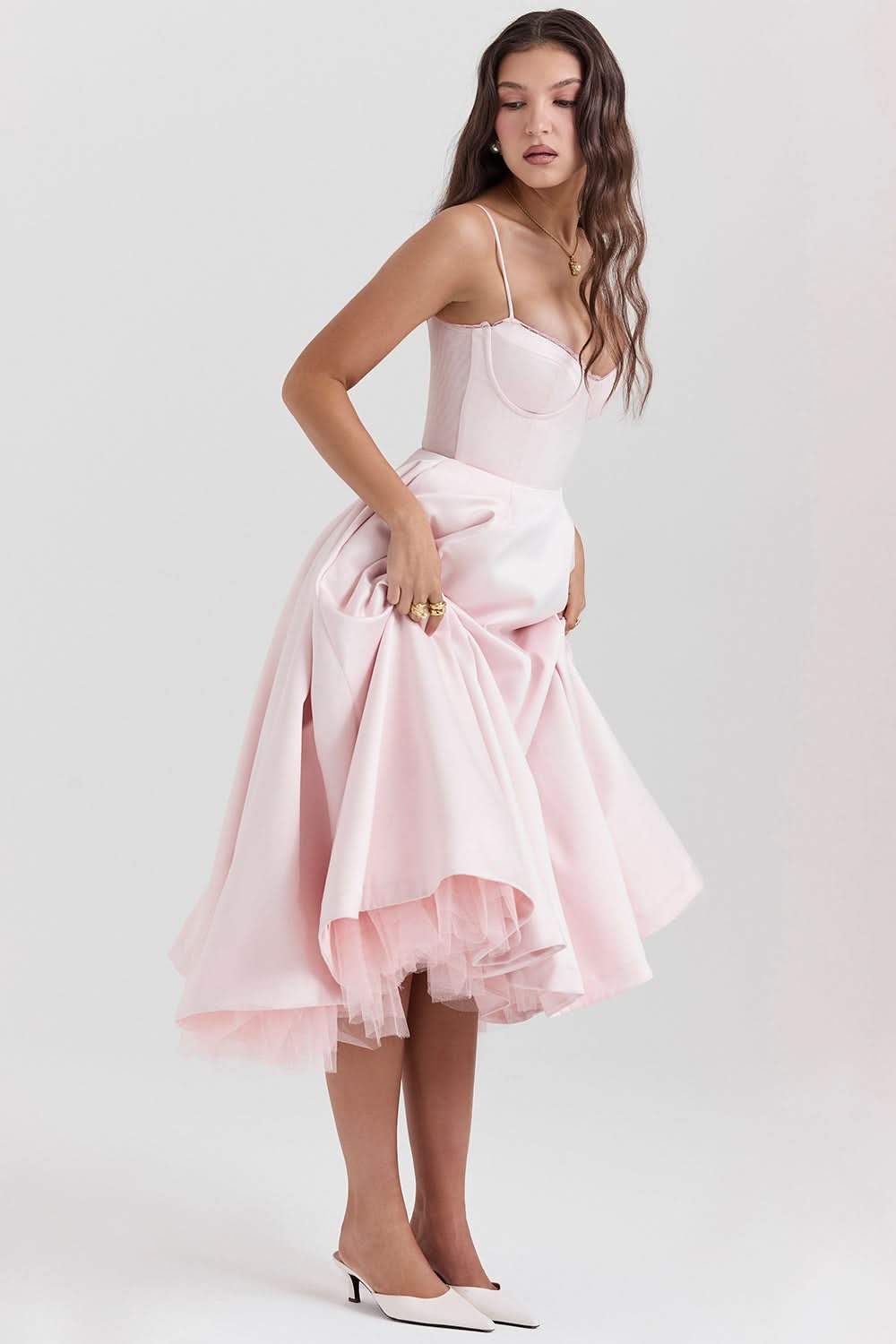 Pink midi dress with thin straps and gathered tulle skirt detail