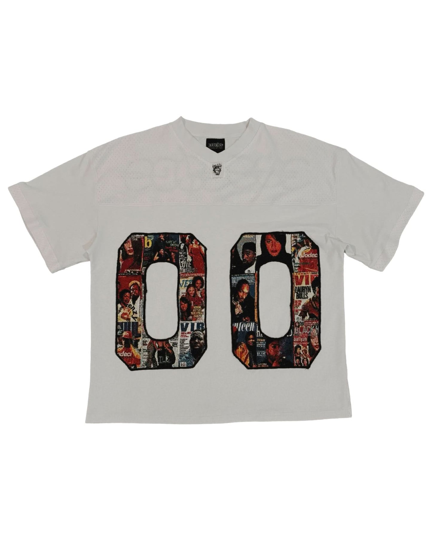 White oversized graphic tee with bold red and black collage 00 print front view