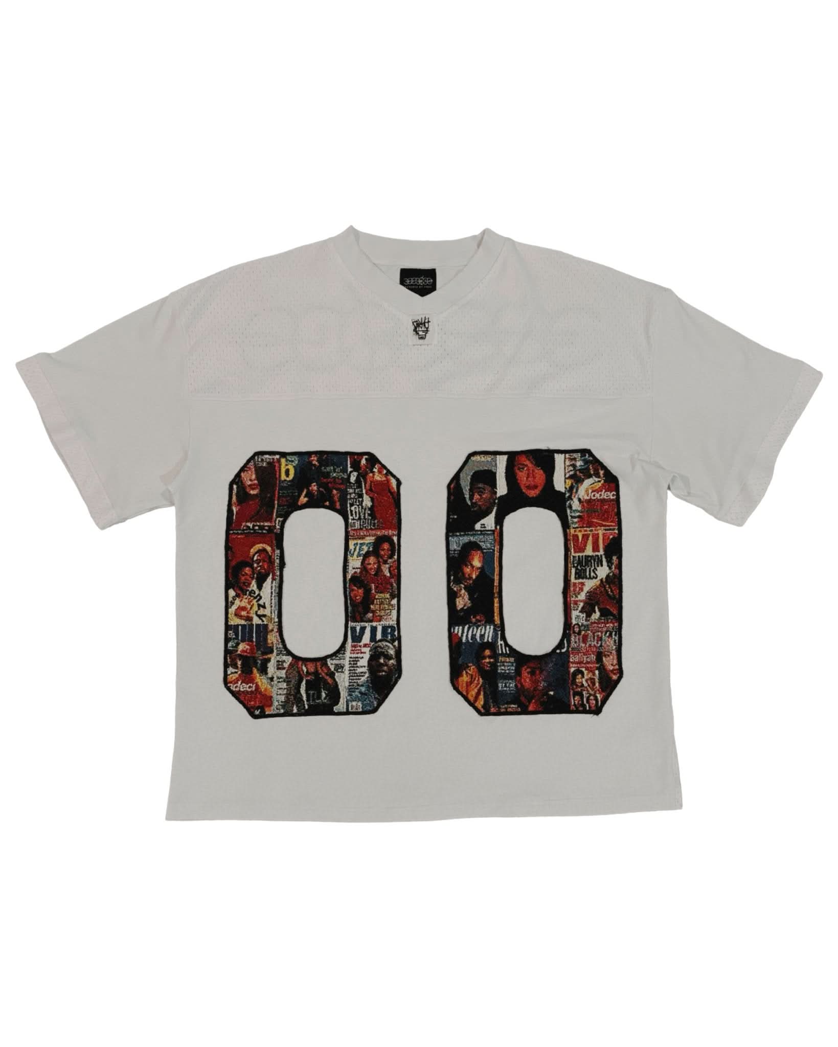 White oversized graphic tee with bold red and black collage 00 print front view