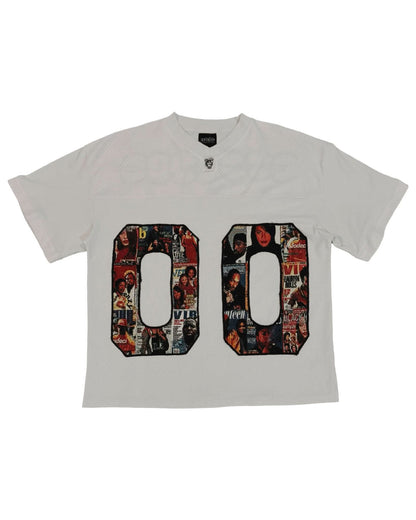 White oversized graphic tee with bold red and black collage 00 print front view