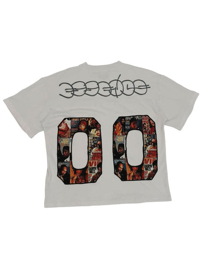 White jersey tee back view showing line graphic detail and 00 logo design