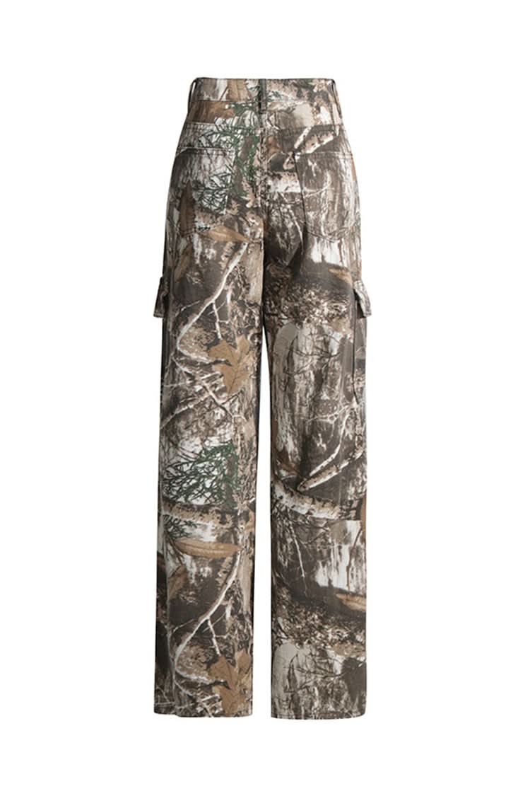 Camo pants with side cargo pockets in woodland print, flat lay