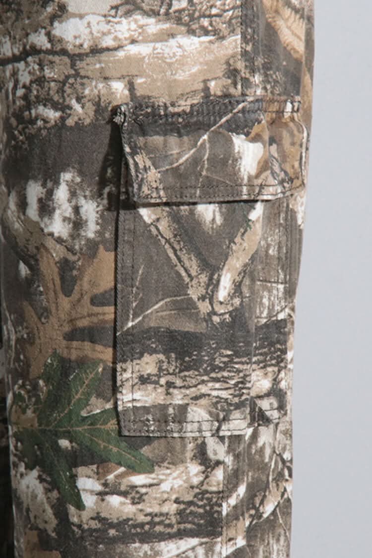 Close-up of cargo pocket on camo pants with button closure