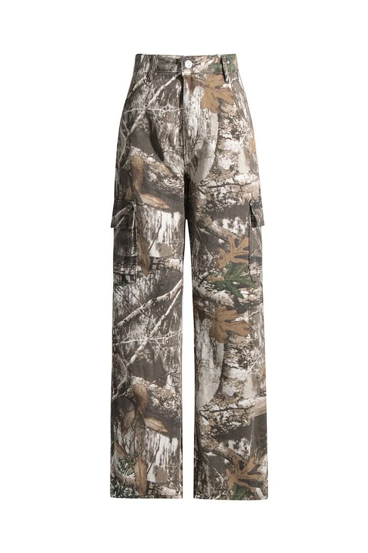 Camo pants with cargo pockets in forest and tan print, full length view