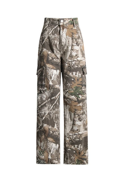 Camo pants with cargo pockets in forest and tan print, full length view