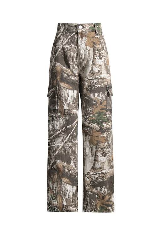 Camo pants with cargo pockets in forest and tan print, full length view