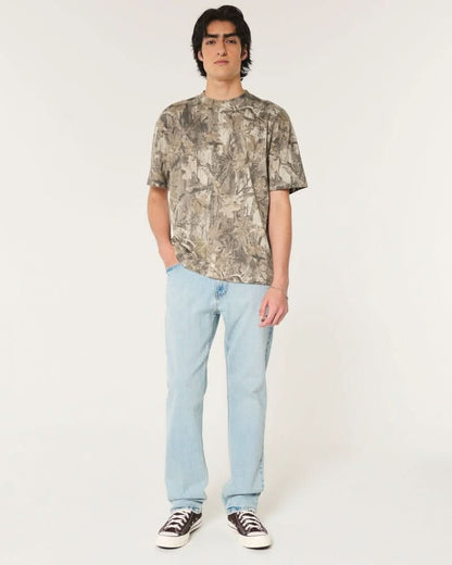Men's gray camo leaf print short sleeve t-shirt front view