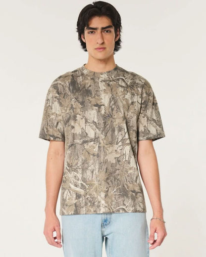 Botanical camo print crew neck t-shirt close-up on model