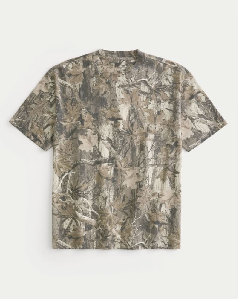 Beige botanical camo print crew neck t-shirt flat lay for men