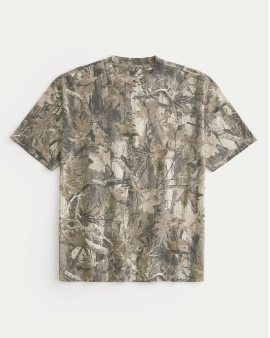Beige botanical camo print crew neck t-shirt flat lay for men