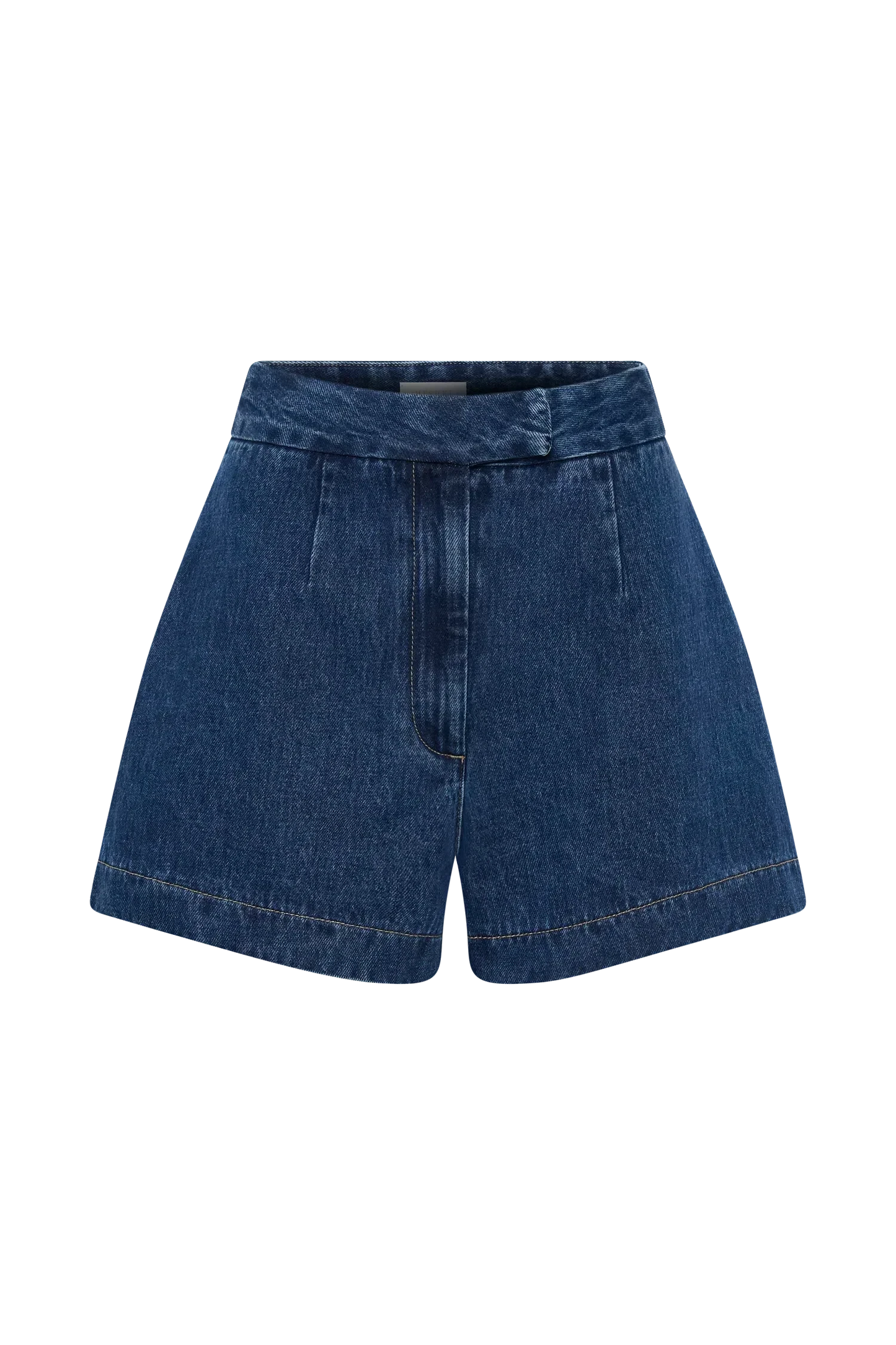 Flat lay of blue denim shorts with topstitched hem