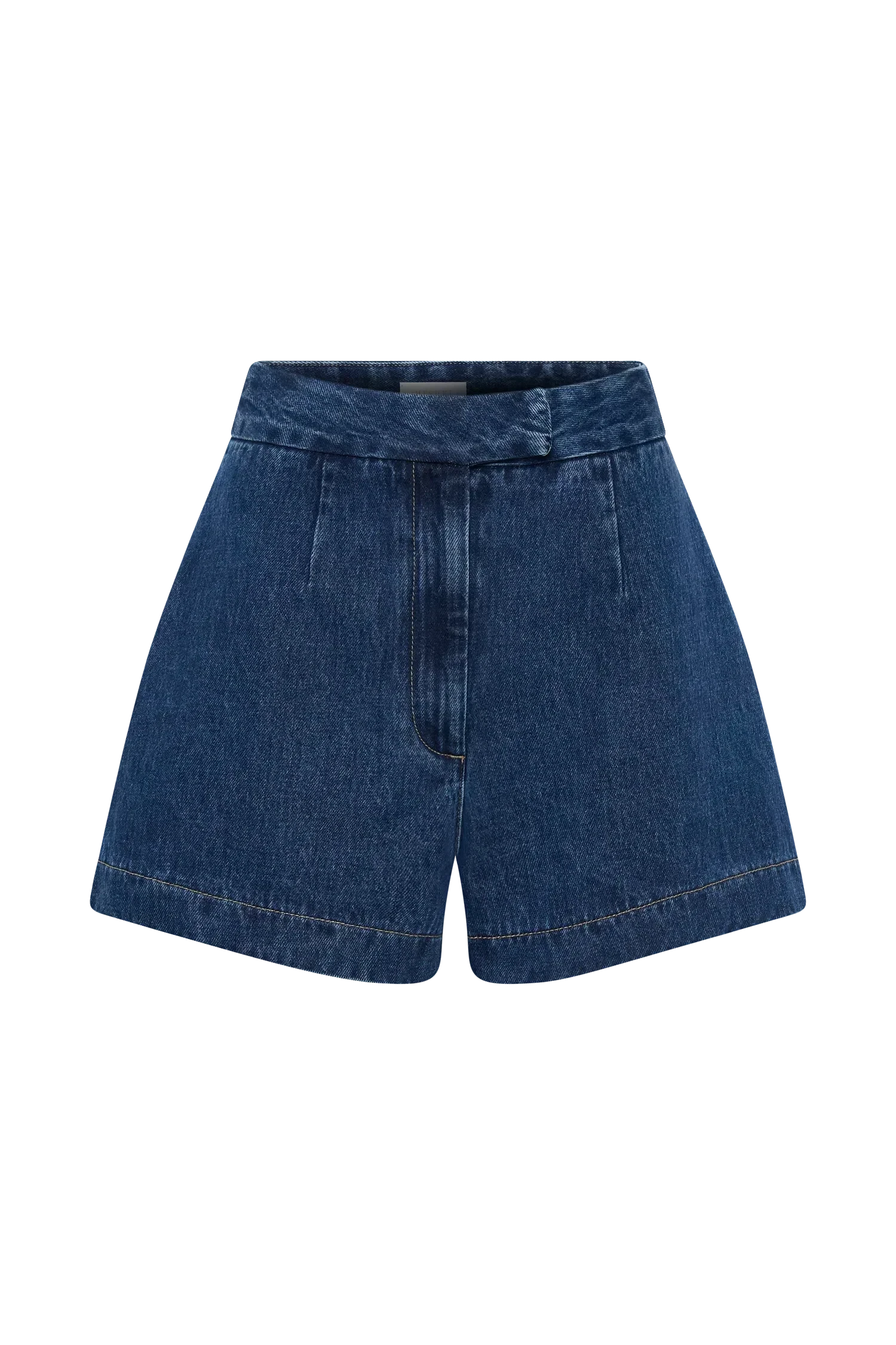 Flat lay of blue denim shorts with topstitched hem