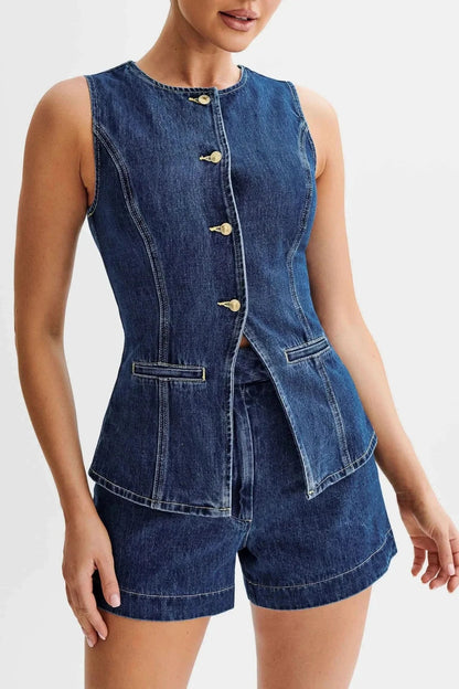 Denim vest and shorts set front view with peplum waist detail