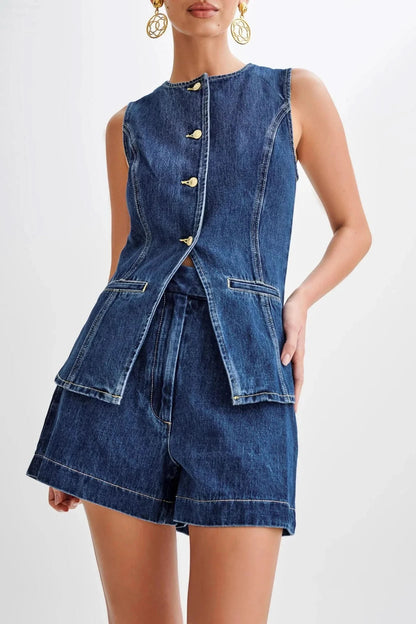 Blue denim vest and shorts set with gold button front closure