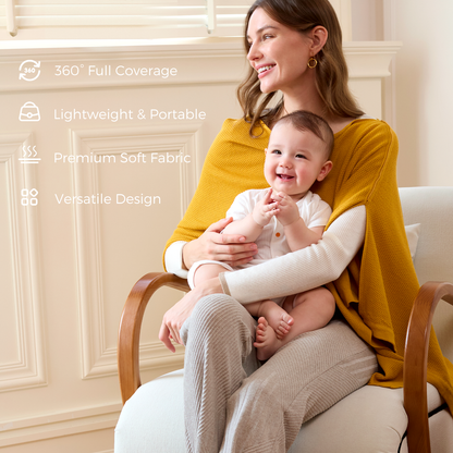 Woman sitting with baby wrapped in mustard nursing cover showing versatile design
