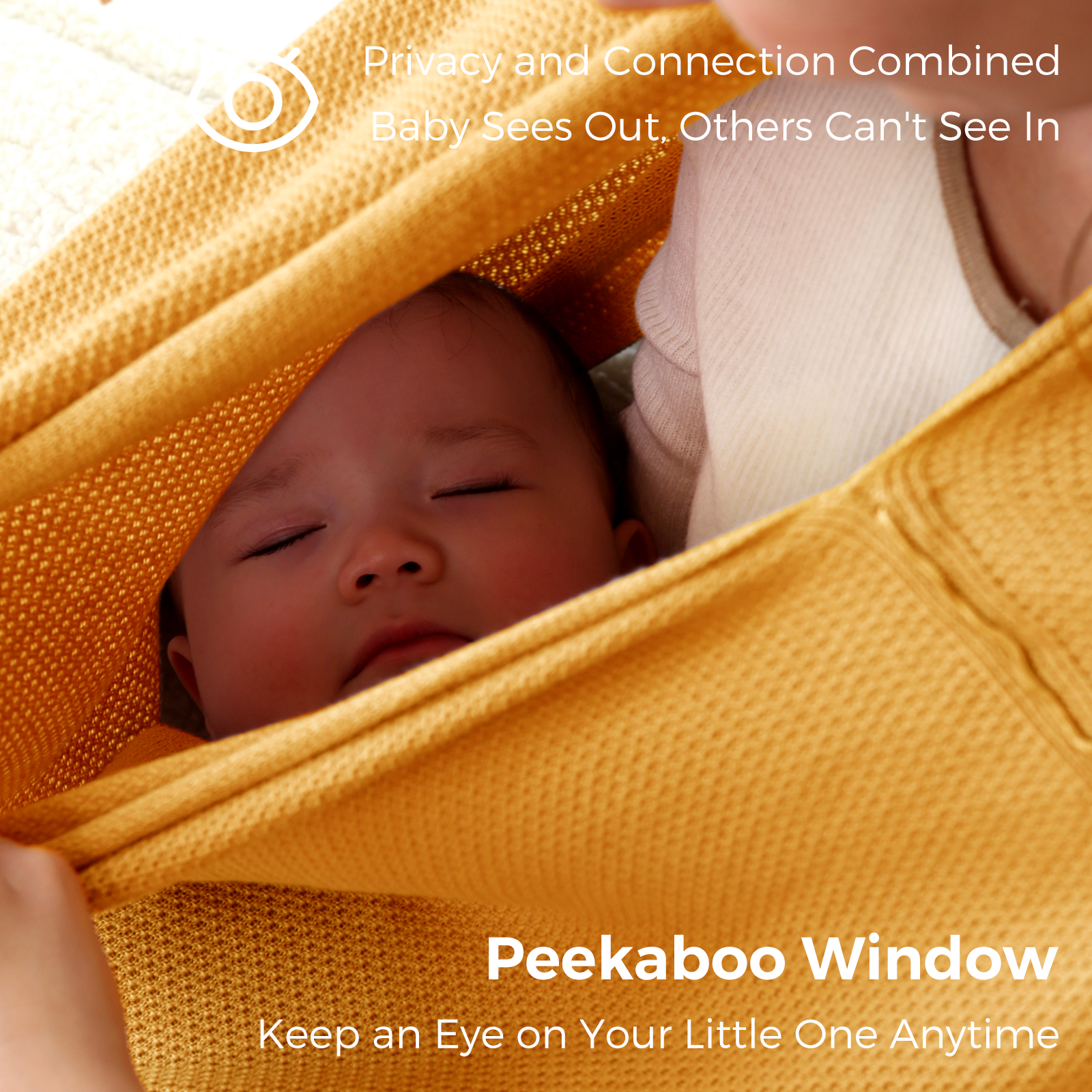 Sleeping infant visible through peekaboo window of golden nursing cover