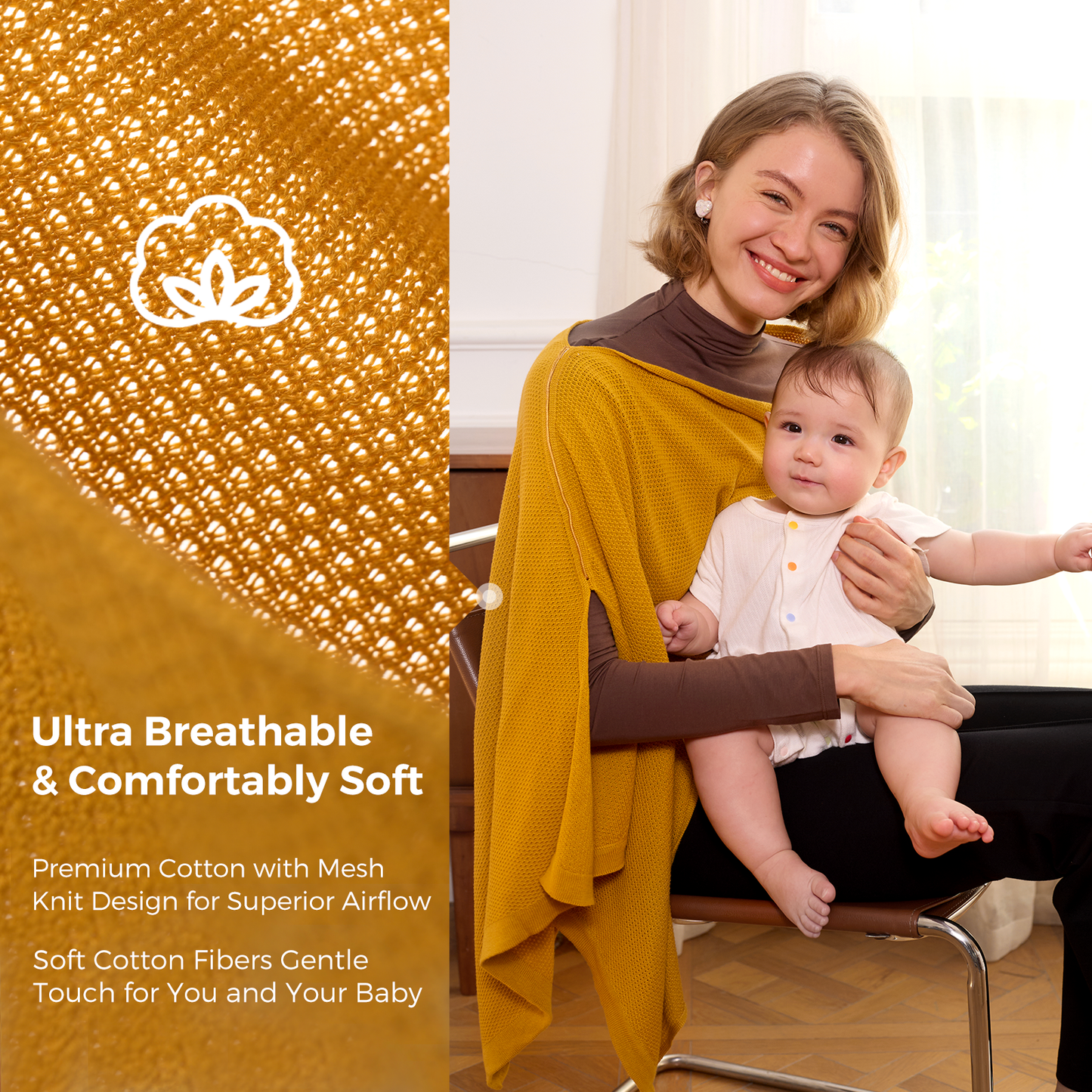 Woman holding toddler with mustard nursing cover showing breathable cotton mesh