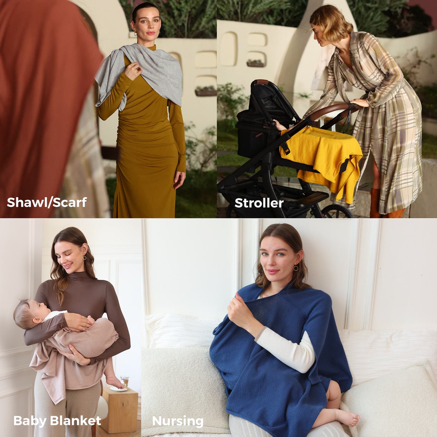 Nursing cover styling options including shawl, stroller, baby blanket, and nursing wear