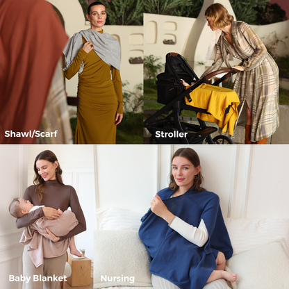 Nursing cover styling options including shawl, stroller, baby blanket, and nursing wear
