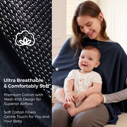 Close-up of breathable mesh knit fabric with lotus logo on dark navy nursing cover