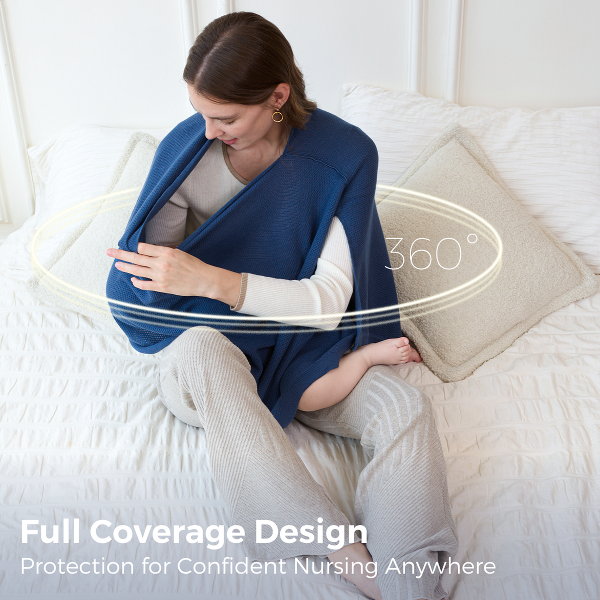 Pregnant woman demonstrating blue nursing cover with 360-degree full coverage feature