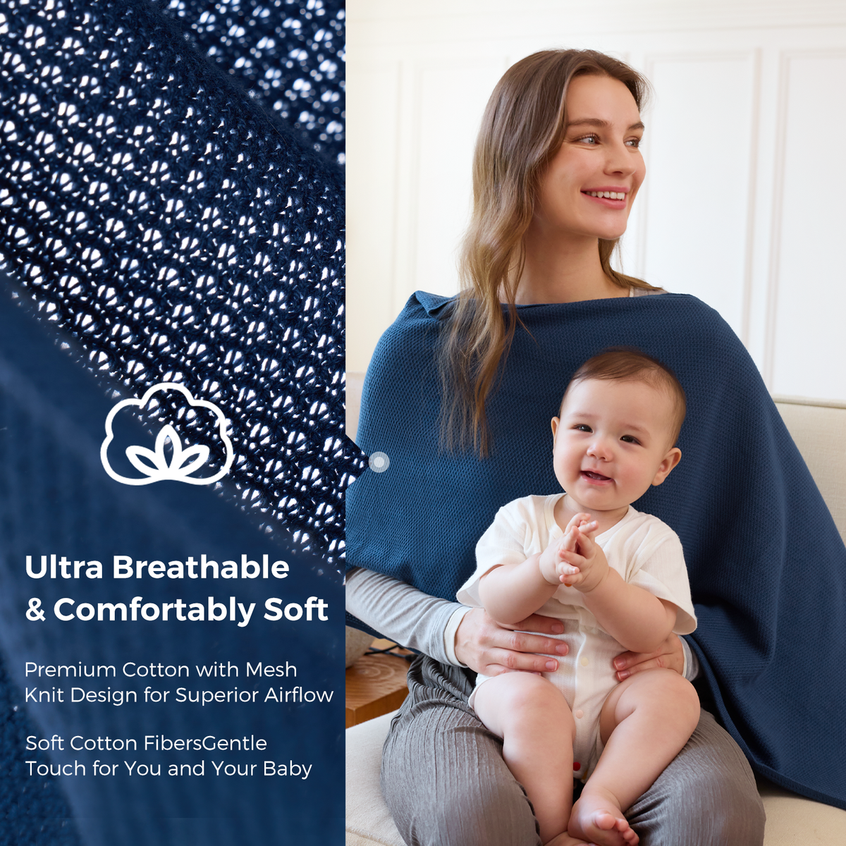 Navy mesh knit nursing cover with breathable cotton design mother holding infant