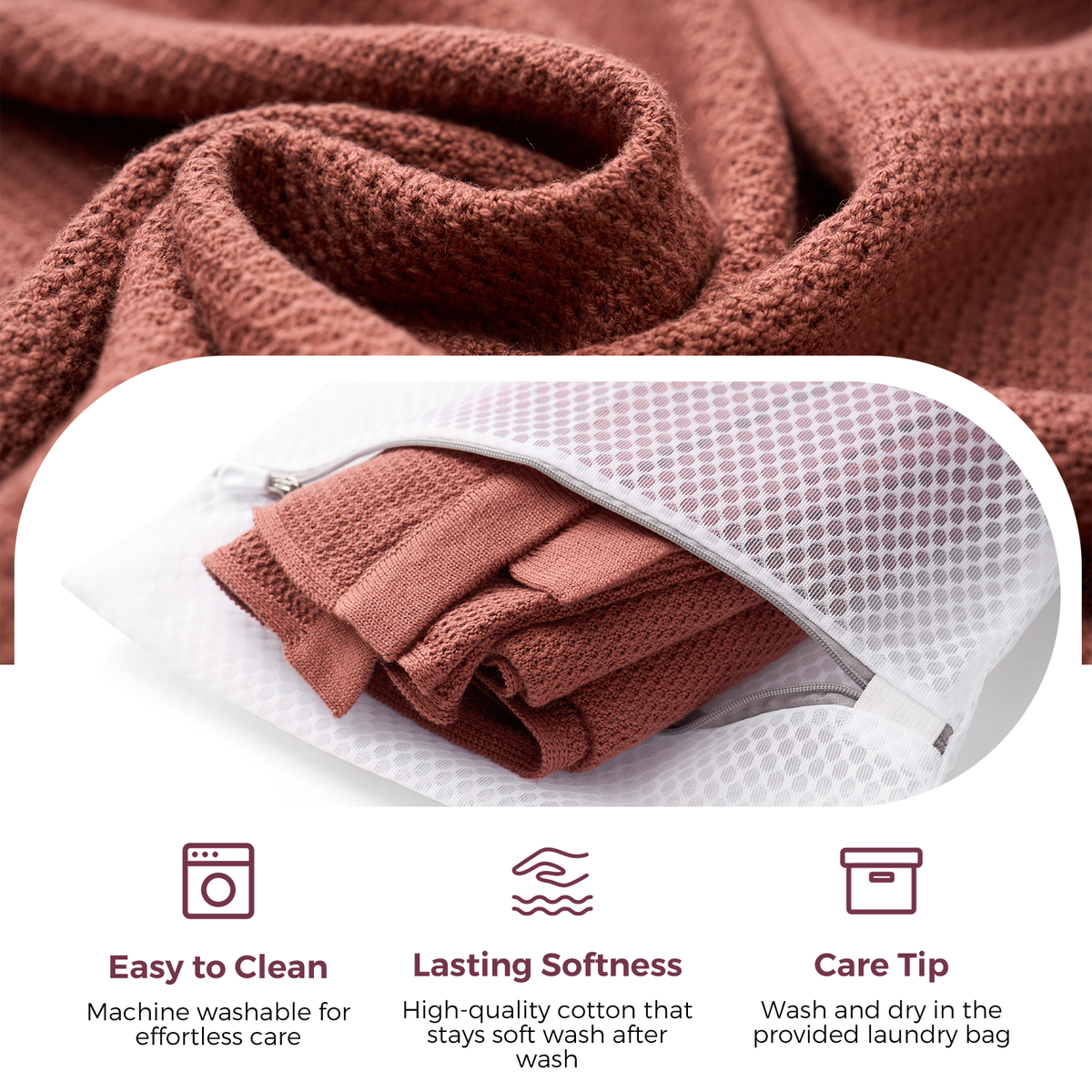 Rust-colored nursing cover folded in mesh laundry bag showing machine washable care instructions