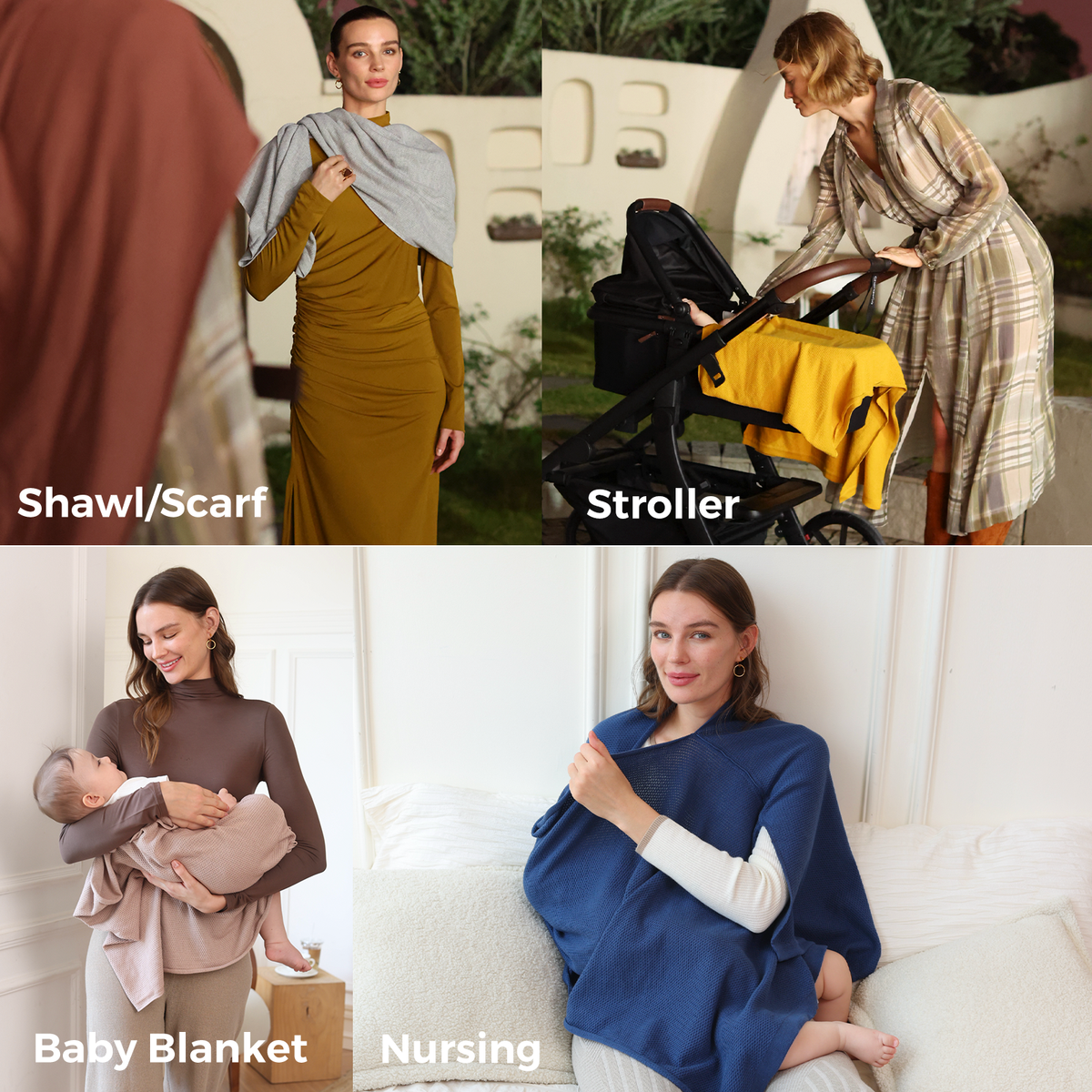 Multiple nursing cover usage scenarios including shawl, stroller, baby blanket and nursing positions