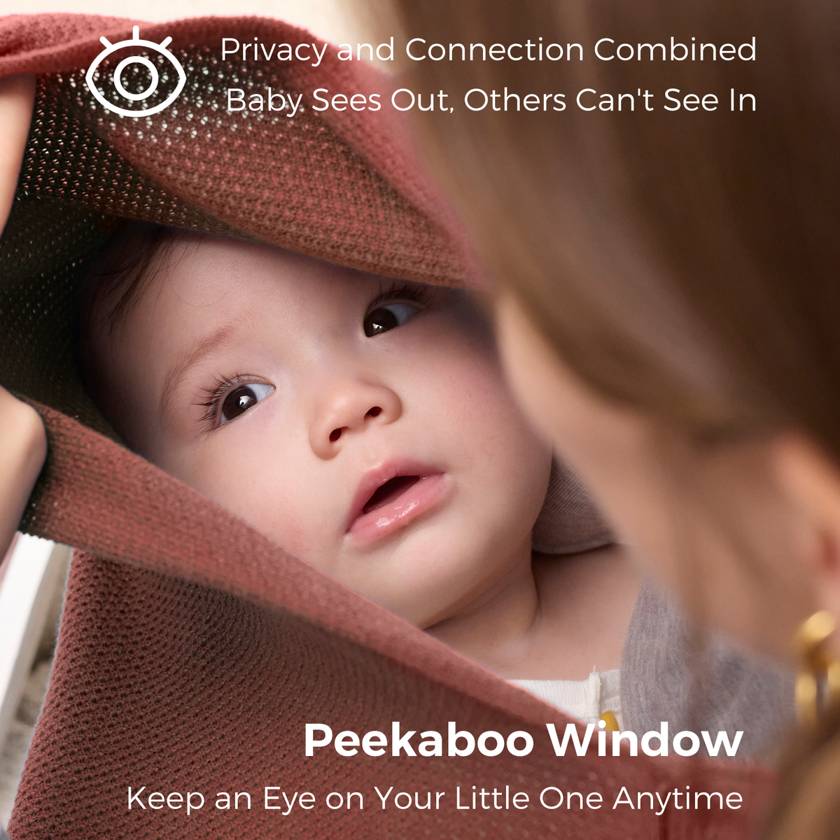 Burgundy nursing cover with peekaboo window showing baby's face through breathable mesh fabric