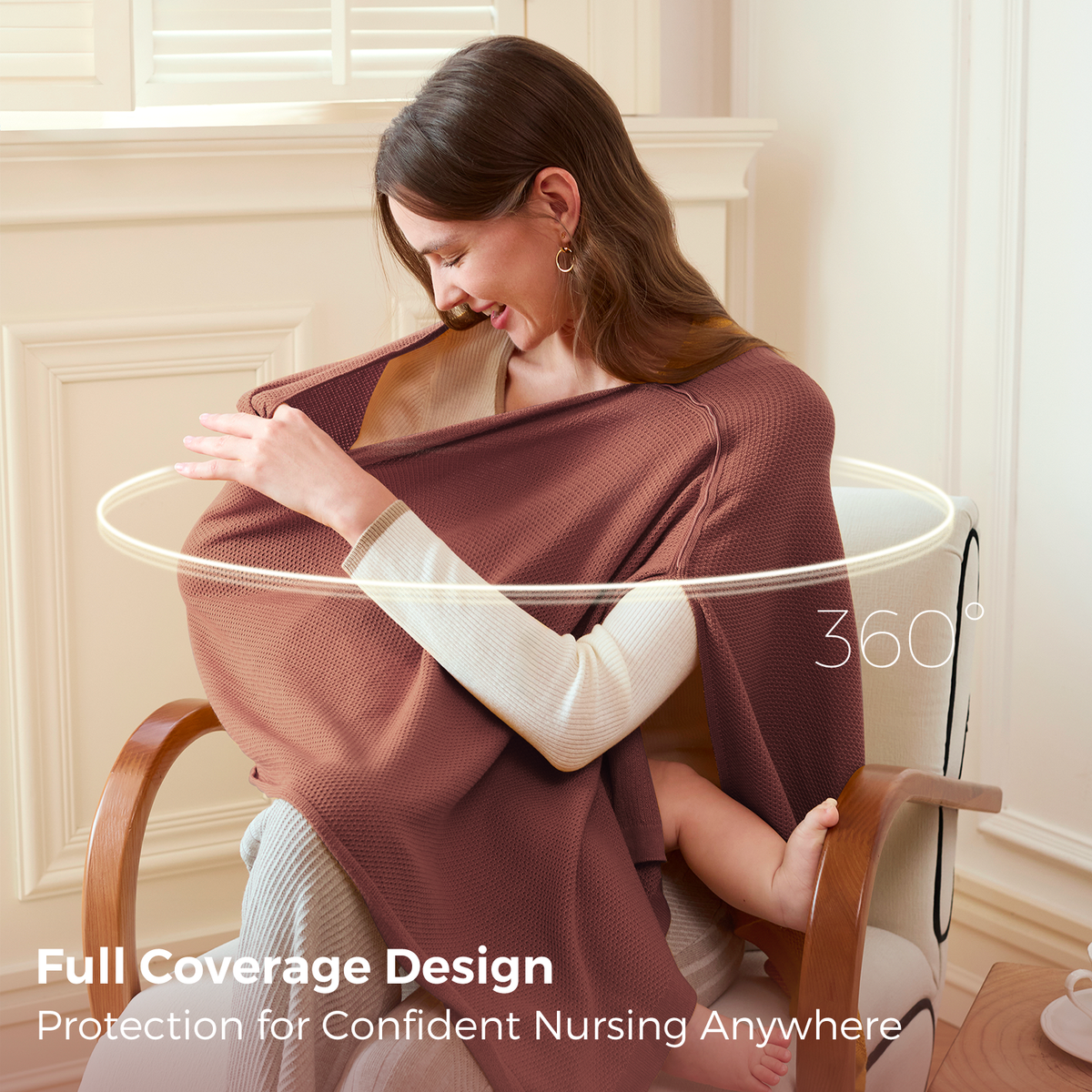 Woman demonstrating 360-degree nursing cover wrap around body for complete privacy coverage