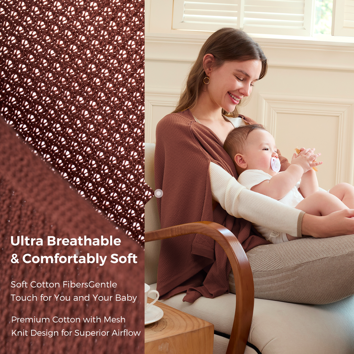 Burgundy mesh knit nursing cover with soft cotton fibers worn while holding infant on chair