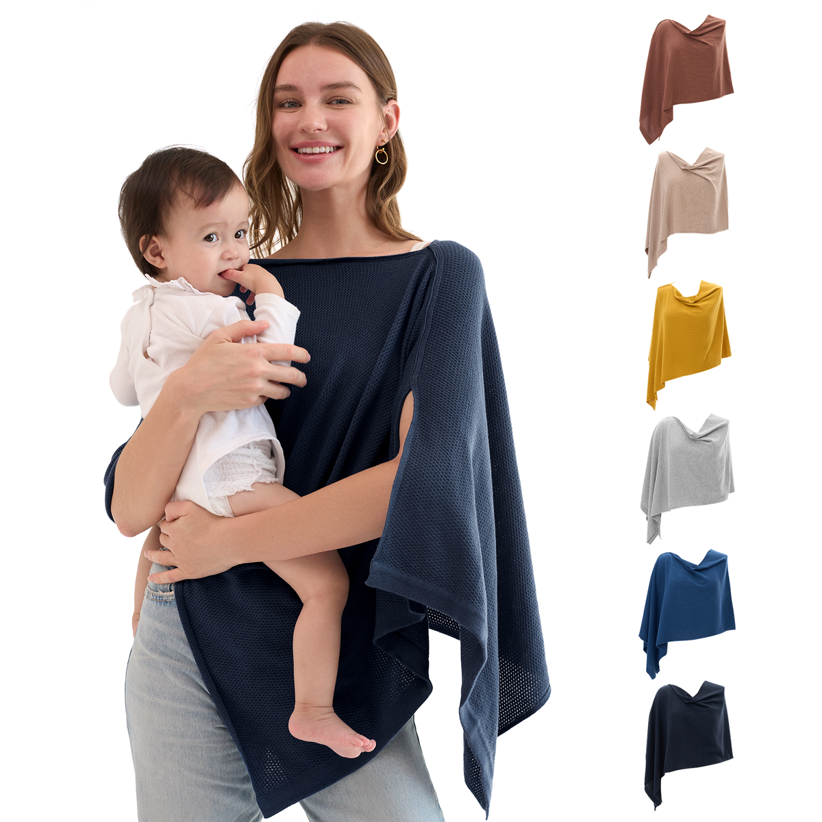 Navy nursing cover in multiple colors displayed with mother holding baby showing versatile styling