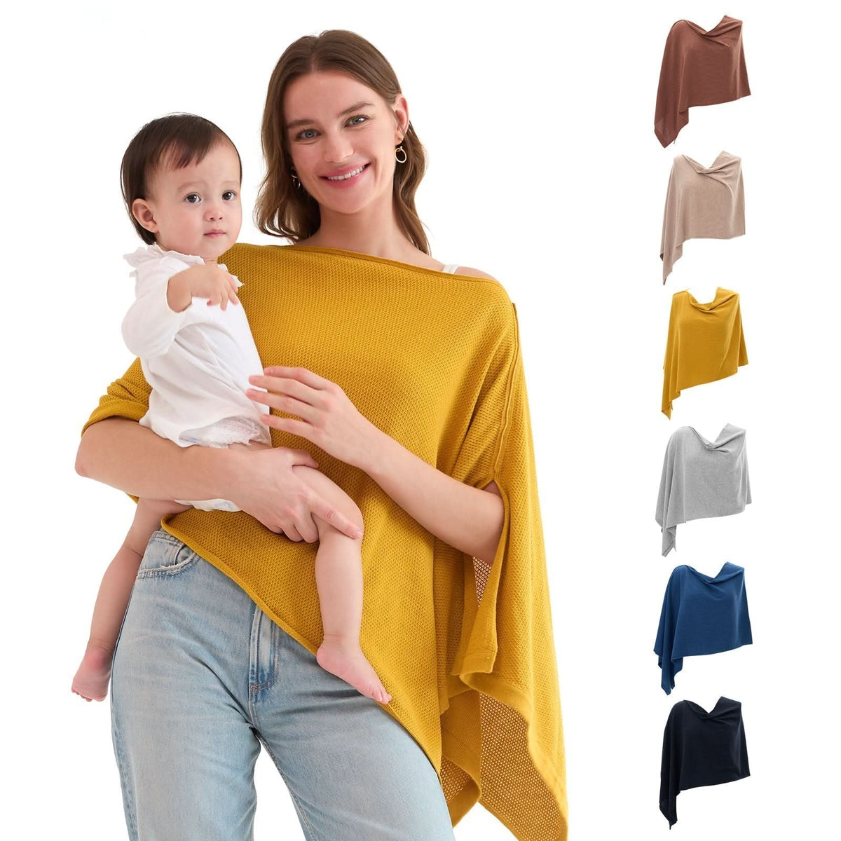 Golden yellow textured nursing cover draped over shoulder while holding infant