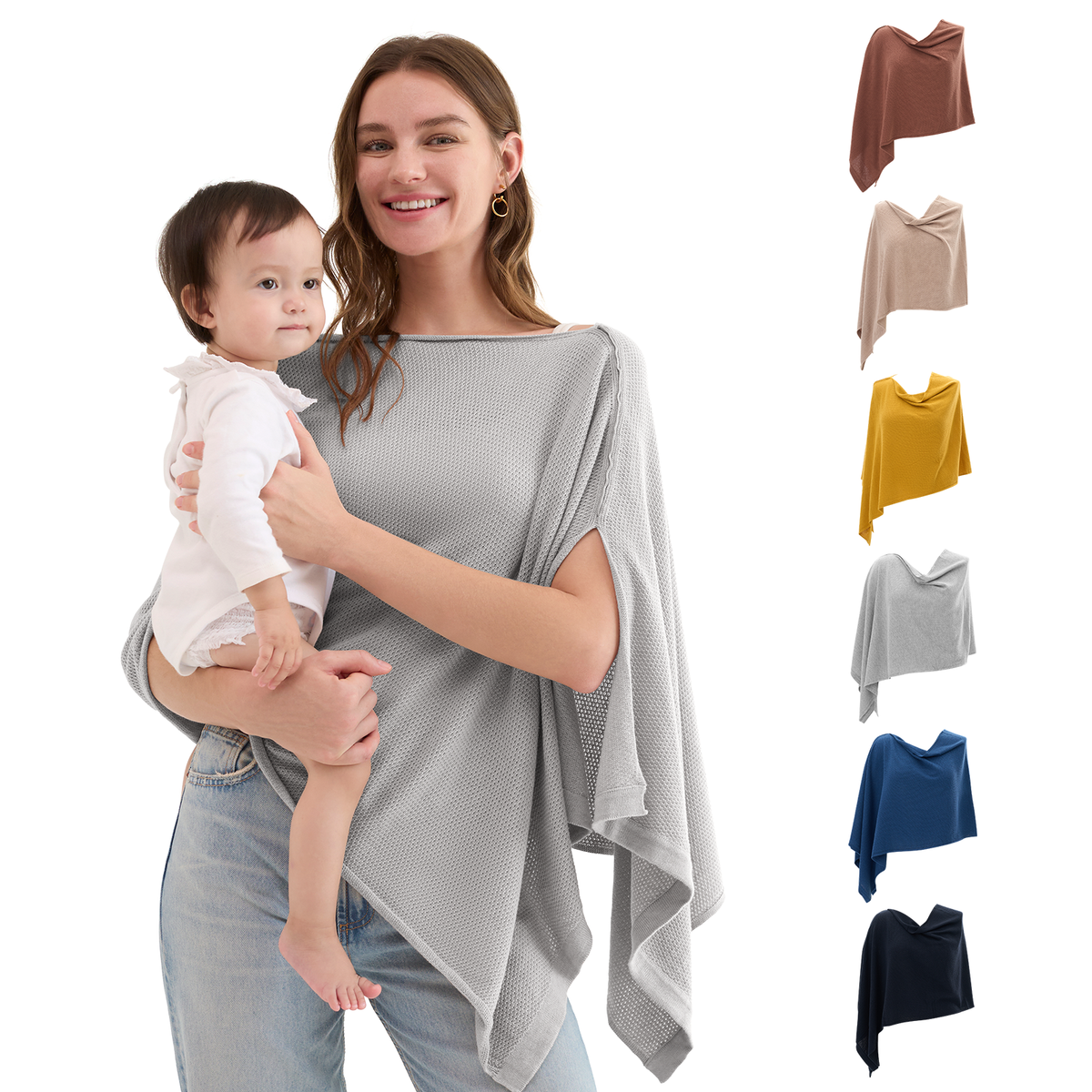Light gray waffle knit nursing cover with asymmetrical hem worn while holding baby