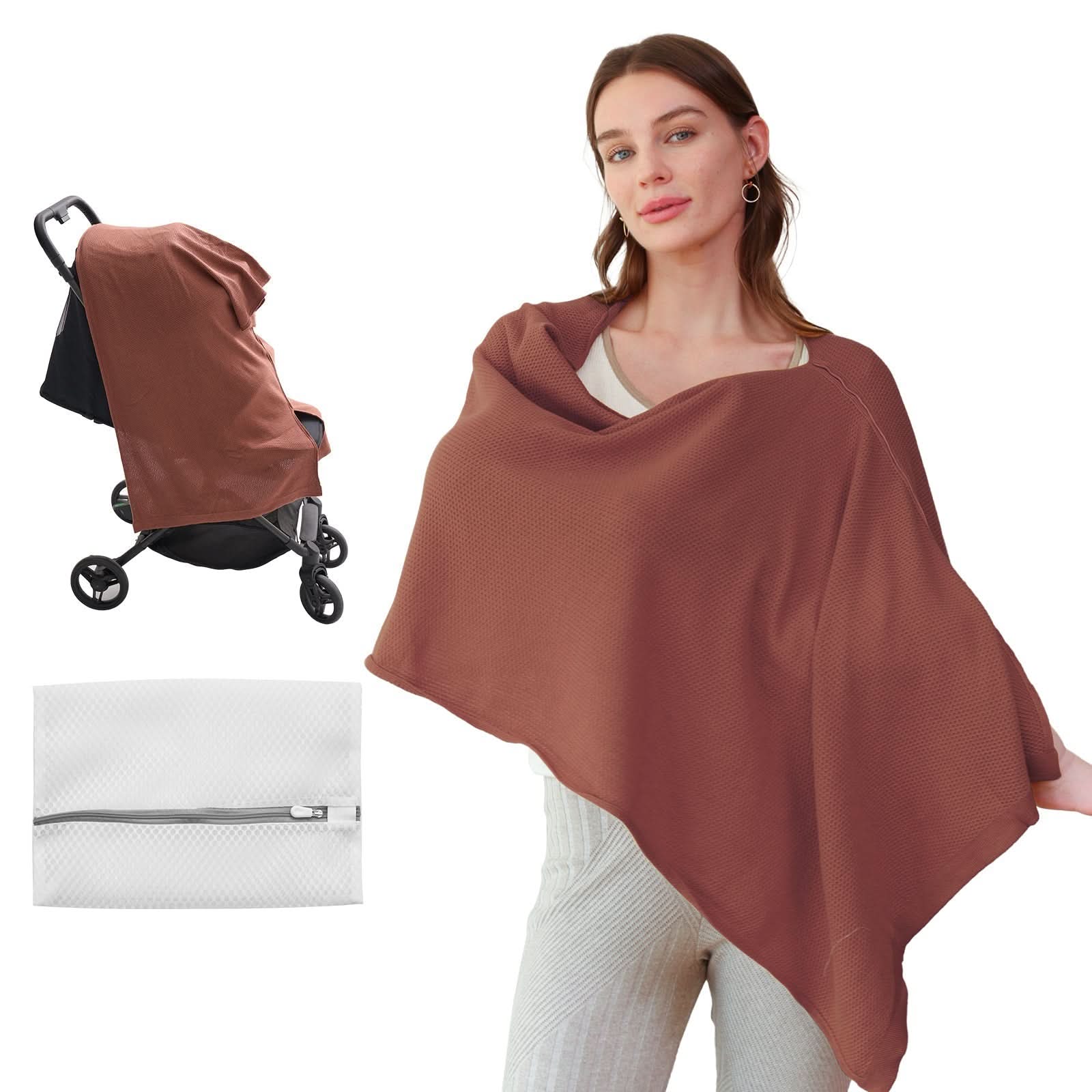 Rust brown nursing cover displayed on stroller with storage pouch and carrying bag