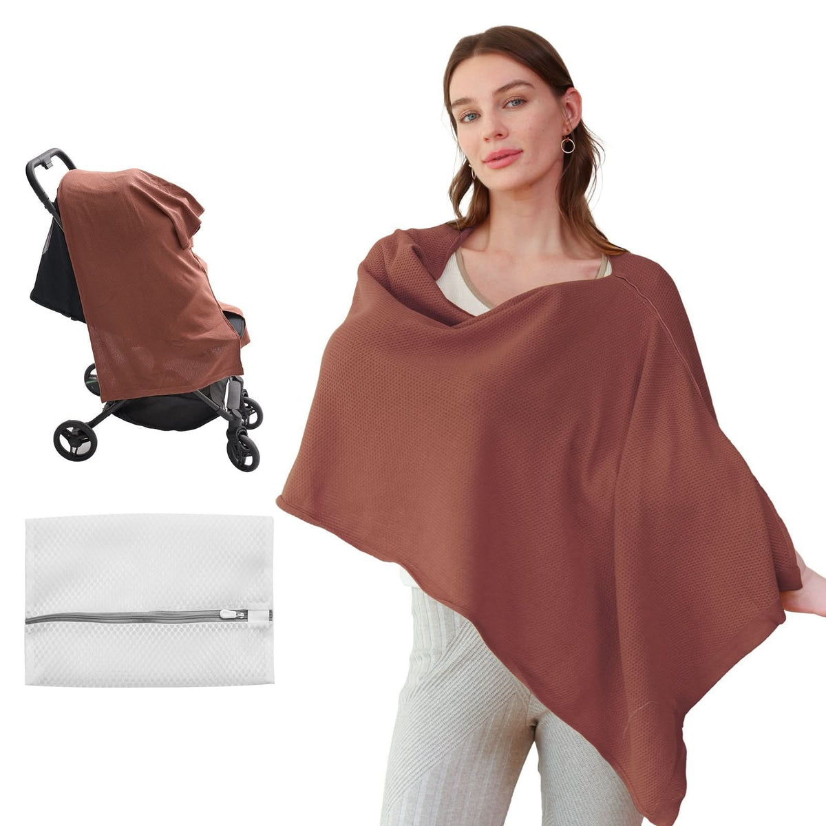 Rust brown nursing cover displayed on stroller with storage pouch and carrying bag