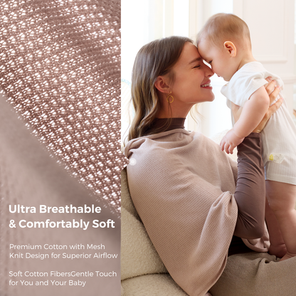 Mother holding baby wrapped in breathable cotton mesh nursing cover
