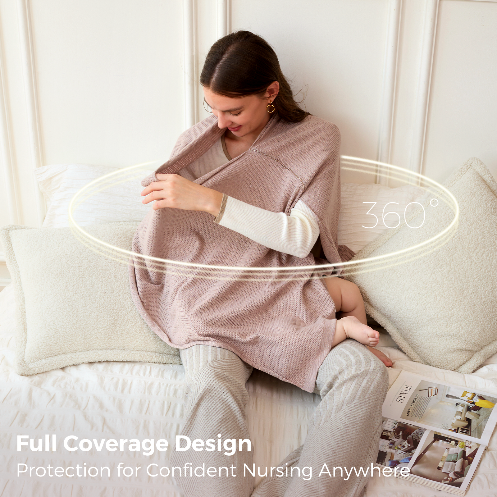 Woman demonstrating 360-degree full coverage nursing with wraparound design