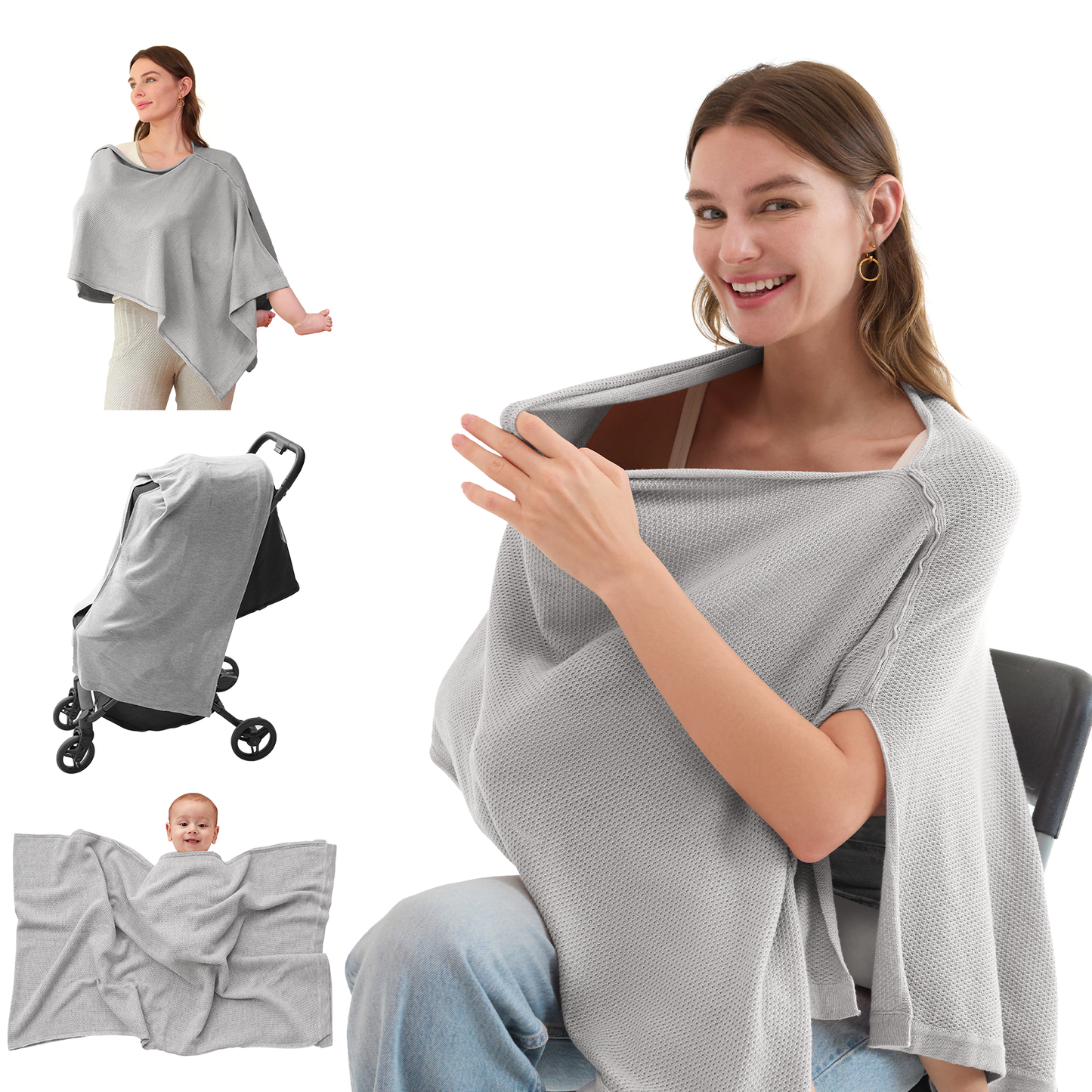 Light gray nursing cover shown as shawl, stroller cover and portable baby blanket