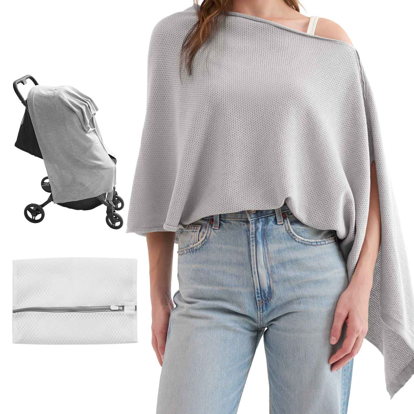 Nursing cover with mesh peekaboo window showing sleeping infant inside