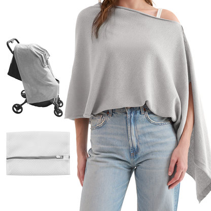 Nursing cover with mesh peekaboo window showing sleeping infant inside