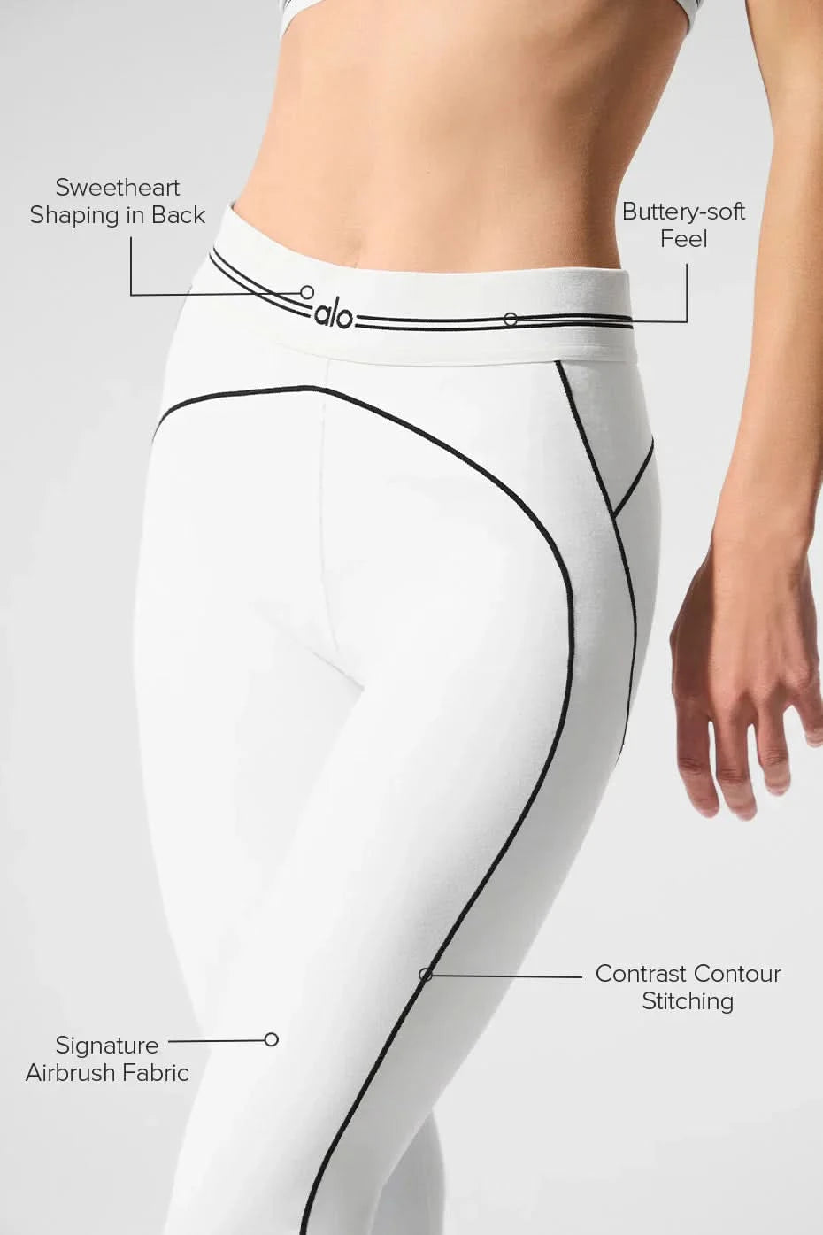 White performance sculpt shorts with contrast contour stitching and sweetheart back shaping