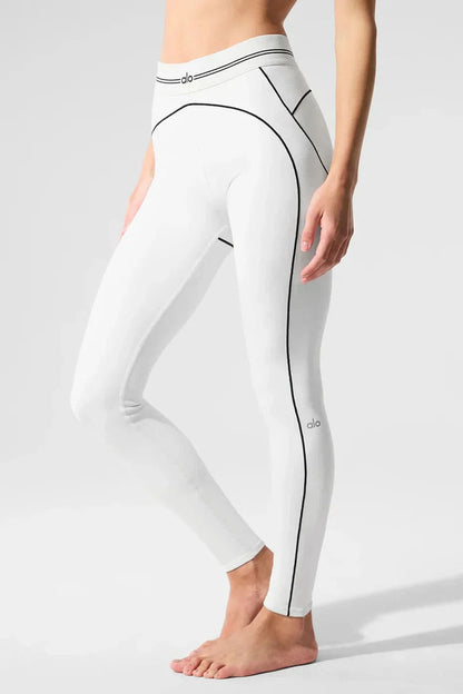White performance sculpt shorts with contrast contour stitching and sweetheart back shaping