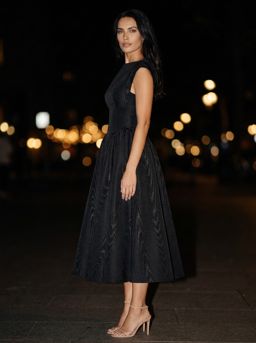MAELIS | CAP SLEEVE VELVET MIDI DRESS - Black