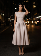 MAELIS | CAP SLEEVE VELVET MIDI DRESS - Blush Beige