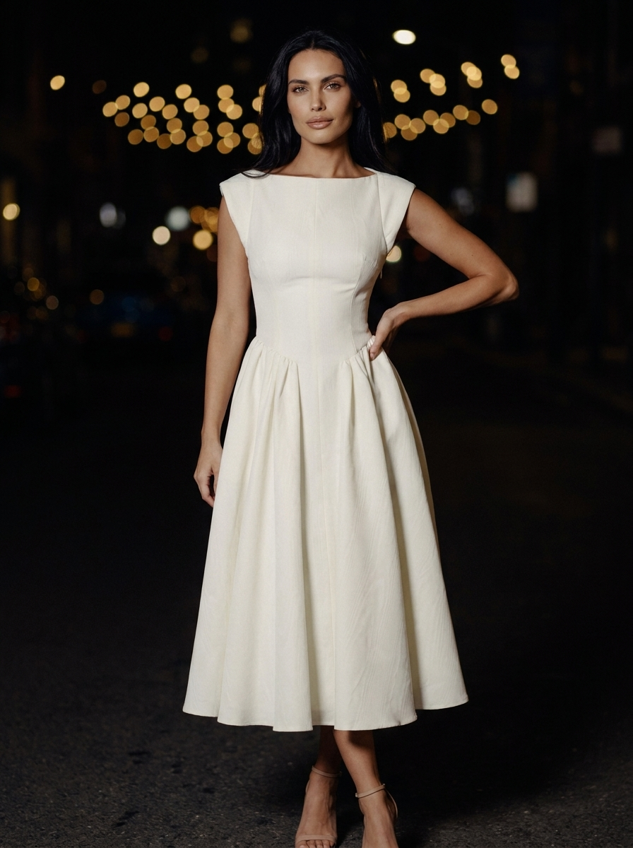 MAELIS | CAP SLEEVE VELVET MIDI DRESS - Ivory
