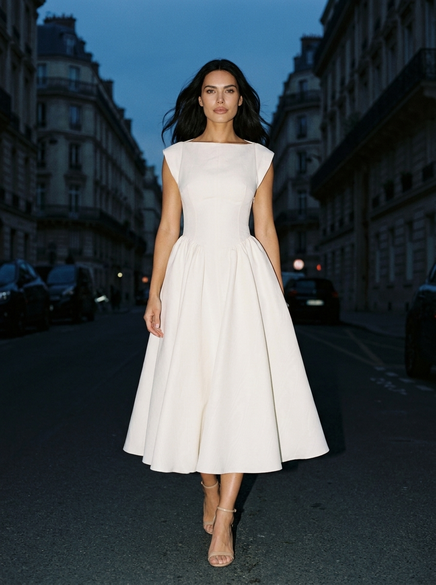 MAELIS | CAP SLEEVE VELVET MIDI DRESS - Ivory
