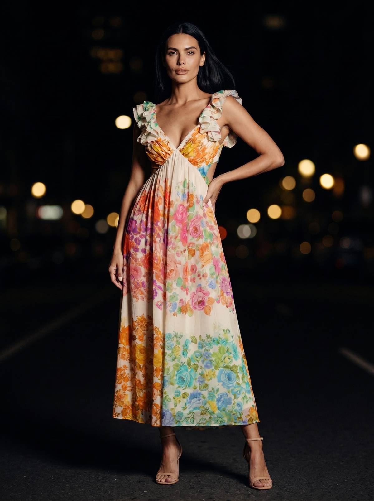 MALIN | RUFFLE STRAP FLORAL MAXI DRESS - Ivory Floral